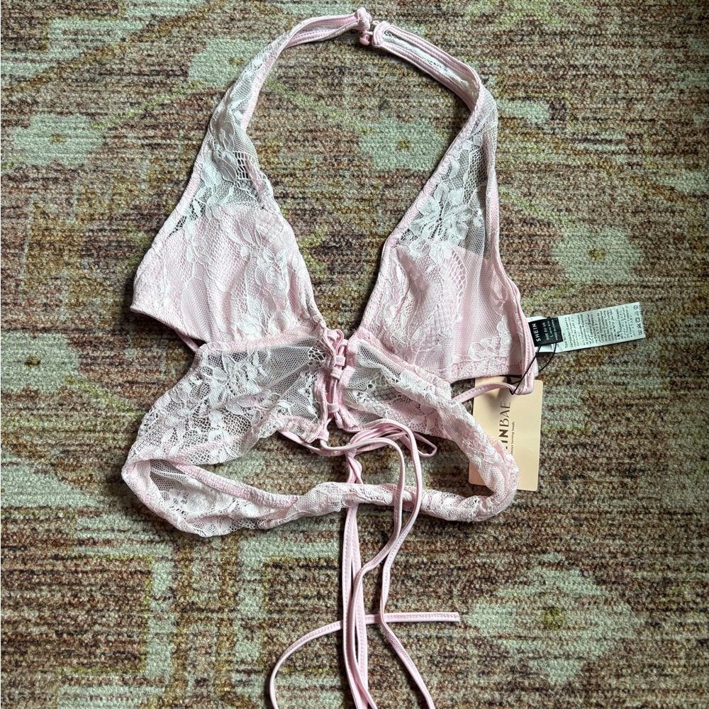 Elegant Pink Lace Halter Bralette